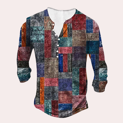 Buntes Patchwork-Herrenhemd, Langarm, Knopfleiste, Freizeitmode, Baumwolle.