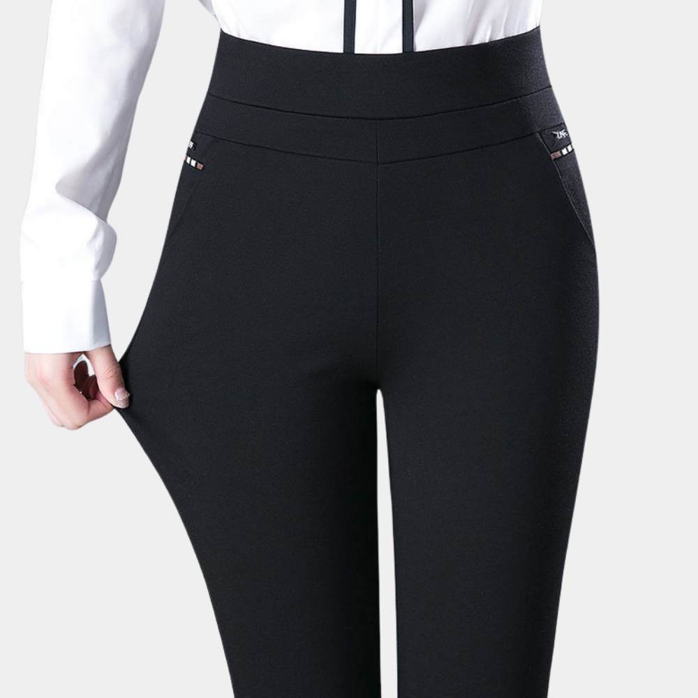 Schwarze Damenhose, elastisch, hoher Bund, elegant, Business-Look, bequem, modisch.