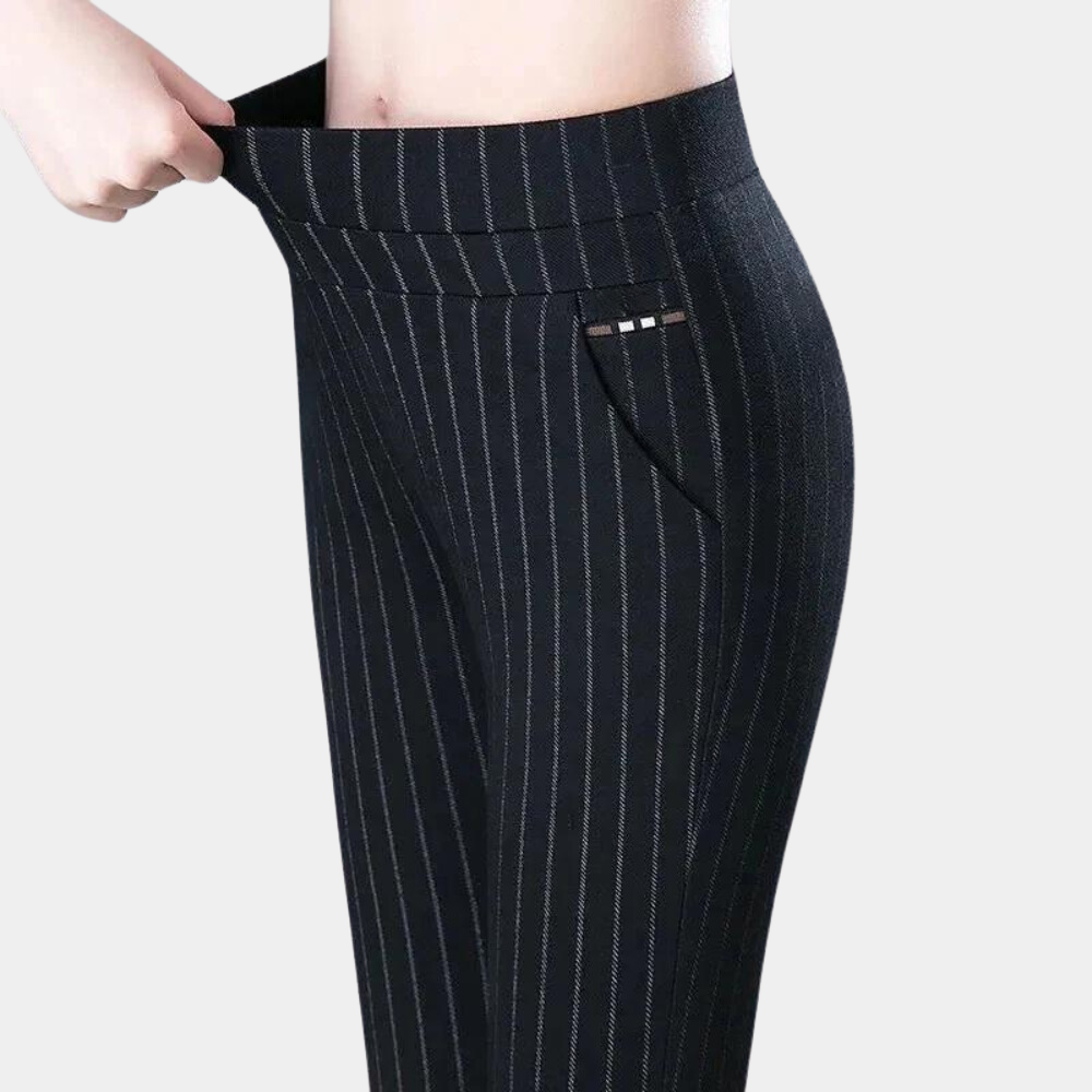 Schwarze gestreifte Damenhose, elastisch, modisch, bequem, Business-Look.