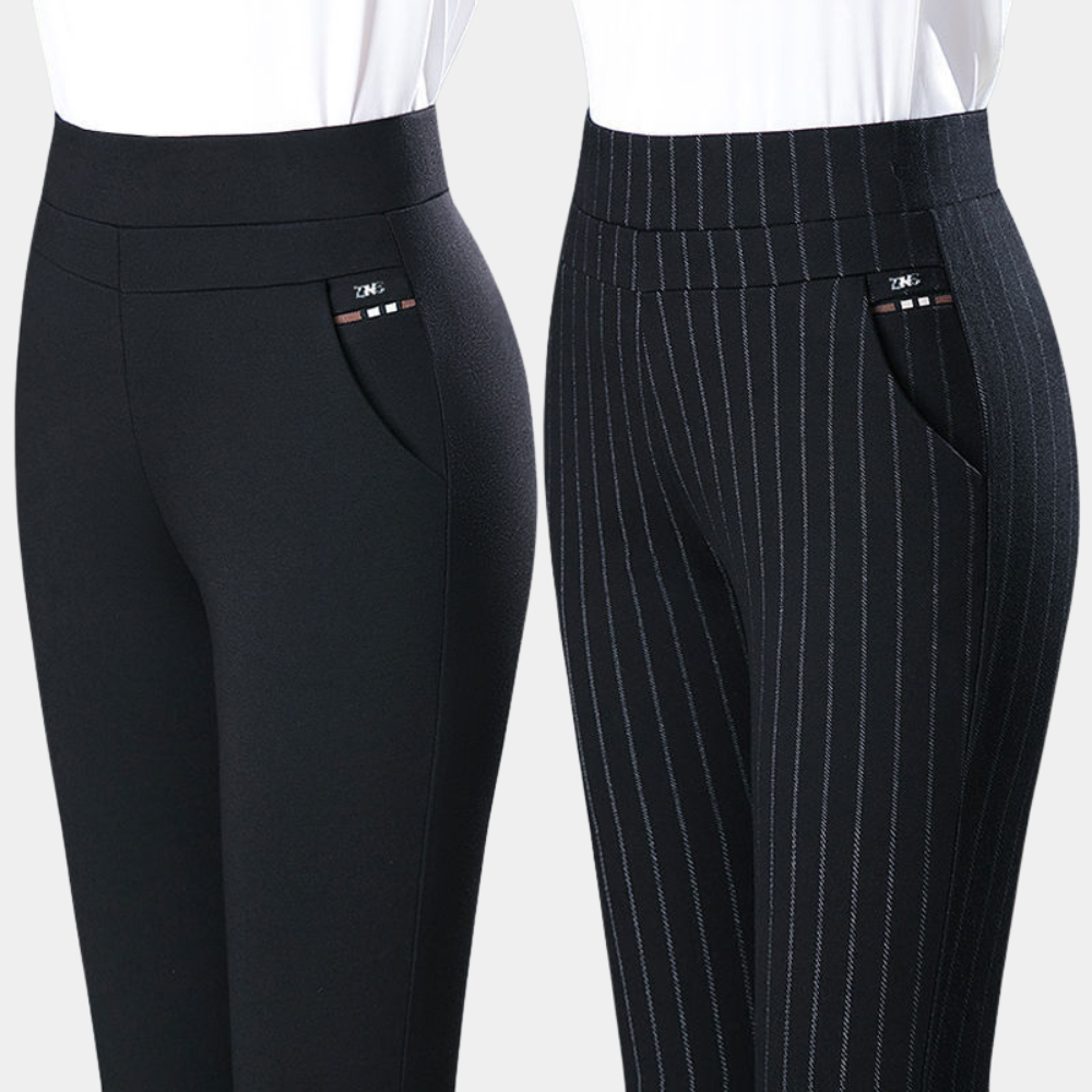 Zwei Damenhosen, schwarz und gestreift, elastisch, mit Taschen, modisch, bequem.