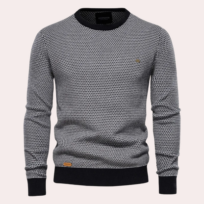 Schwarzer Herrenpullover, Strickmuster, Rundhalsausschnitt, Baumwolle, modisch, bequem.