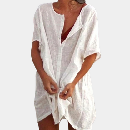 Weiße Leinenbluse Damen, lässig, kurzärmelig, Sommermode, Strandkleidung.