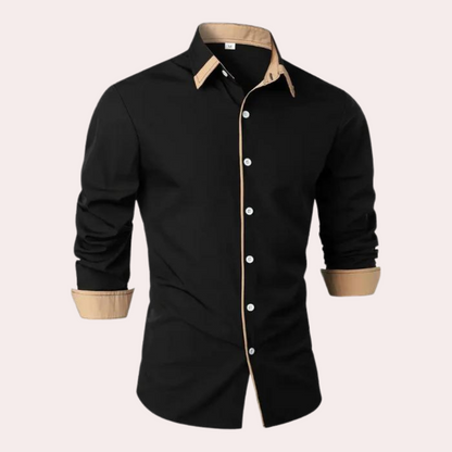 Schwarzes Herrenhemd mit beigem Kragen und Manschetten, langärmelig, elegant.