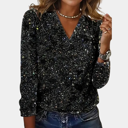 Funkelnde schwarze Damenbluse, V-Ausschnitt, lange Ärmel, elegantes Design, Party-Mode.