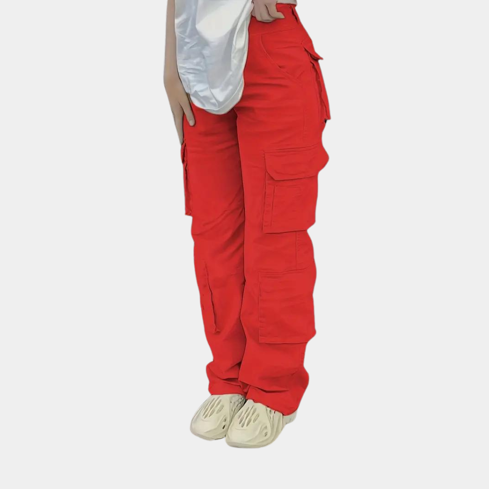 Rote Damen-Cargohose, Baumwolle, Taschen, lässig, modisch, bequem, Streetwear.
