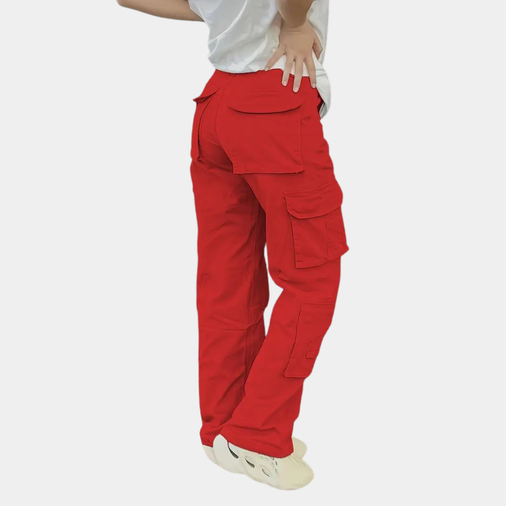 Rote Damen-Cargohose, Baumwolle, seitliche Taschen, lässiger Stil, modische Freizeitkleidung.