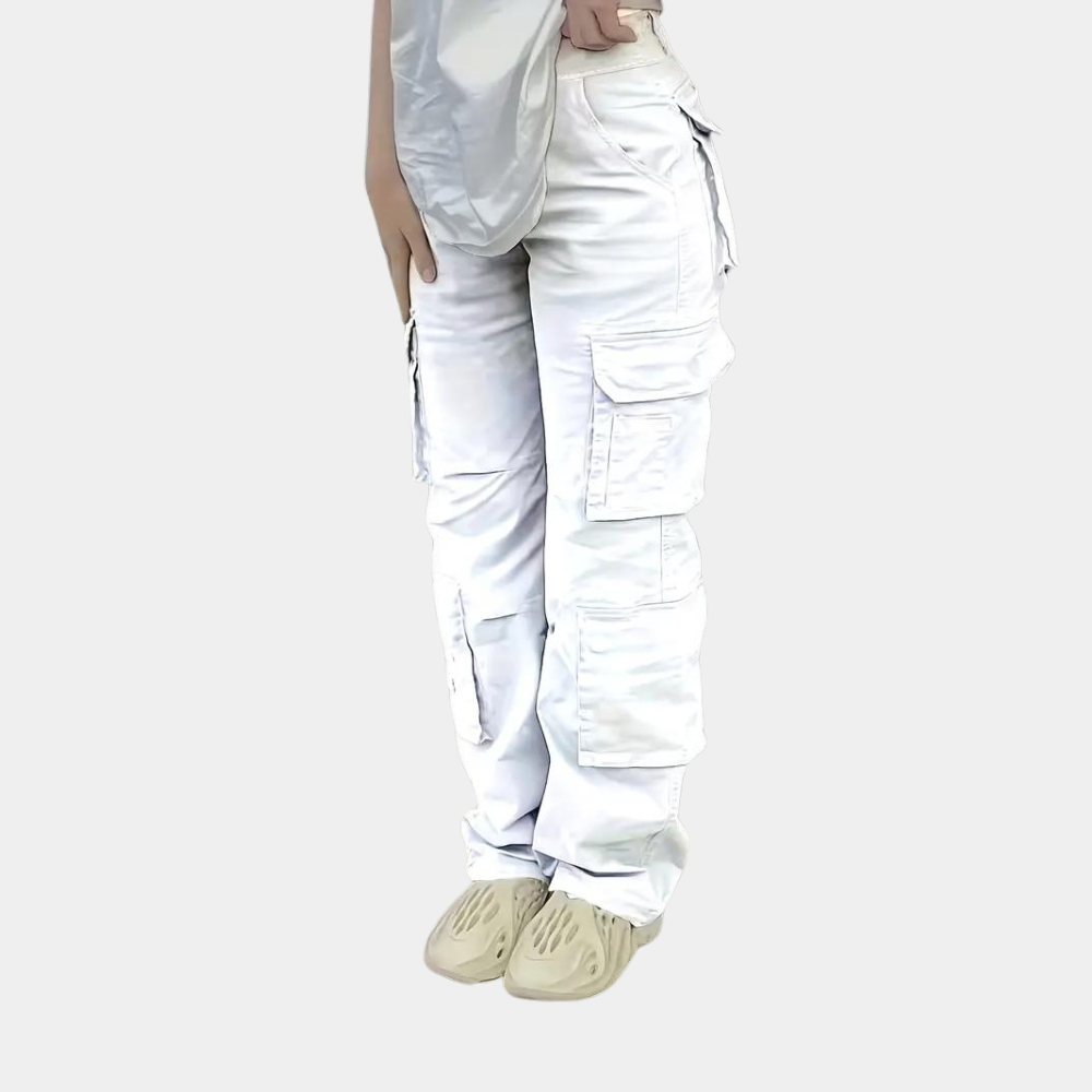 Weiße Damen-Cargohose, Baumwolle, mehrere Taschen, lässiger Stil, Modebekleidung.