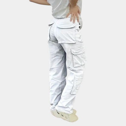 Weiße Cargo-Hose Damen, Baumwolle, mehrere Taschen, lässiger Stil, bequeme Passform.