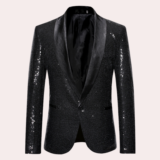 Schwarzes Pailletten-Sakko für Herren, glänzend, festlich, elegantes Abendoutfit.