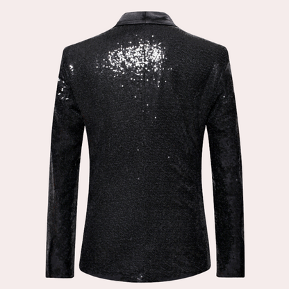 Schwarzes Pailletten-Sakko für Herren, festlich, elegant, glänzend, Rückansicht.