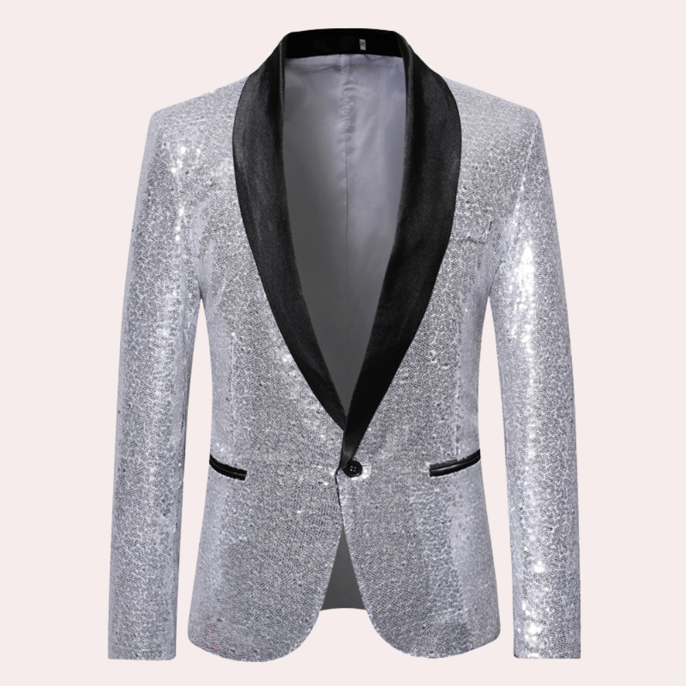 Silberner Pailletten-Blazer mit schwarzem Revers, festliche Herrenmode, eleganter Anzugjacke.