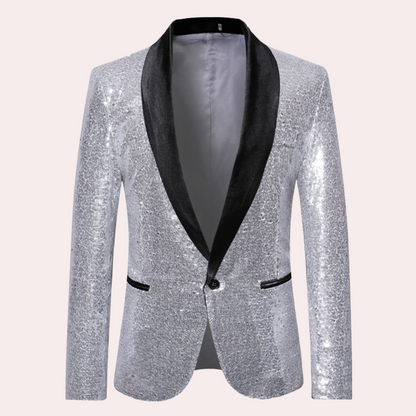 Silberner Pailletten-Blazer mit schwarzem Revers, festliche Herrenmode, eleganter Anzugjacke.