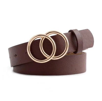 Brauner Ledergürtel mit goldener Doppelschnalle, modisches Accessoire, Damenmode.