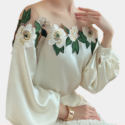 Höstliga blommönster beige damblus med lös passform – Elvira