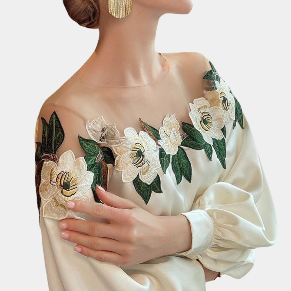 Höstliga blommönster beige damblus med lös passform – Elvira