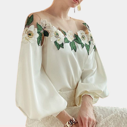 Höstliga blommönster beige damblus med lös passform – Elvira