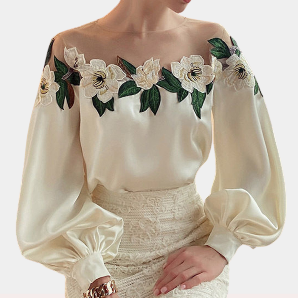 Höstliga blommönster beige damblus med lös passform – Elvira