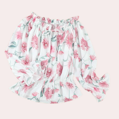 Axelös blommig blus med volanger – Höstmagin Fayenne
