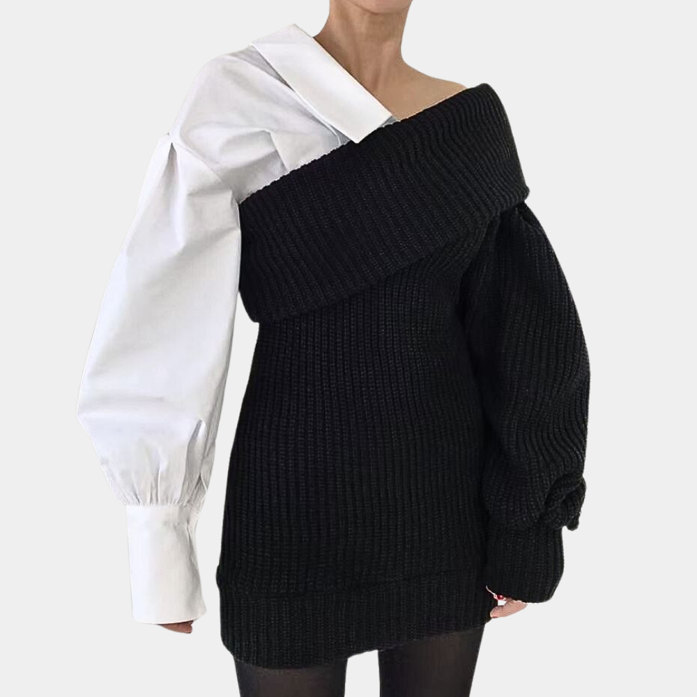 Skrynklig Off-Shoulder Klänning med kontrasterande ärmar – Selina