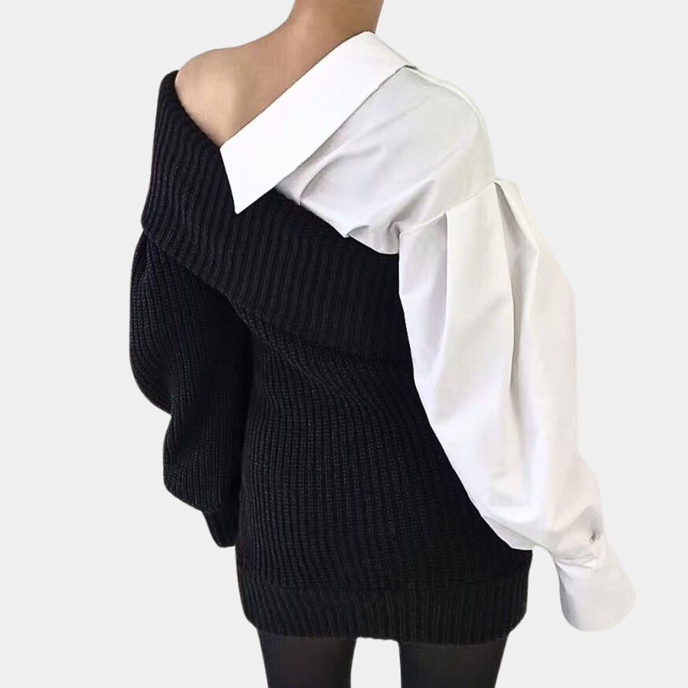 Skrynklig Off-Shoulder Klänning med kontrasterande ärmar – Selina