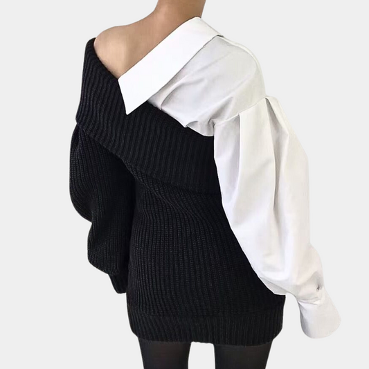 Skrynklig Off-Shoulder Klänning med kontrasterande ärmar – Selina