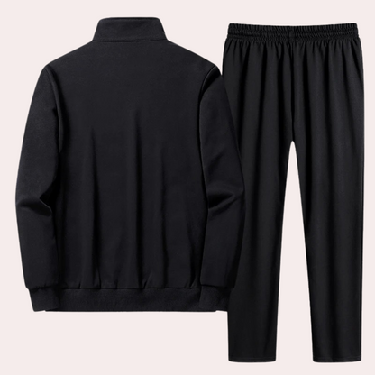 Schwarzer Herren-Trainingsanzug, Jacke und Hose, Sportbekleidung, Freizeitmode.