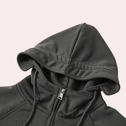 Schwarzer Kapuzenpullover aus Baumwolle mit Reißverschluss, sportlich, bequem, unisex.