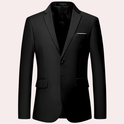 Schwarzer Herrenanzug, elegantes Sakko, klassischer Schnitt, formelle Kleidung, Herrenmode.