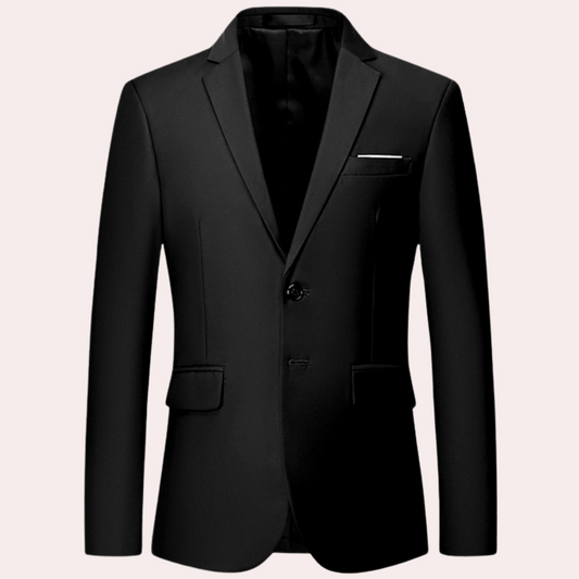 Schwarzer Herrenanzug, elegantes Sakko, klassischer Schnitt, formelle Kleidung, Herrenmode.