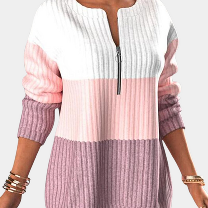 Damen-Pullover, rosa-weiß, gestreift, Reißverschluss, Strick, modisch, langärmelig.