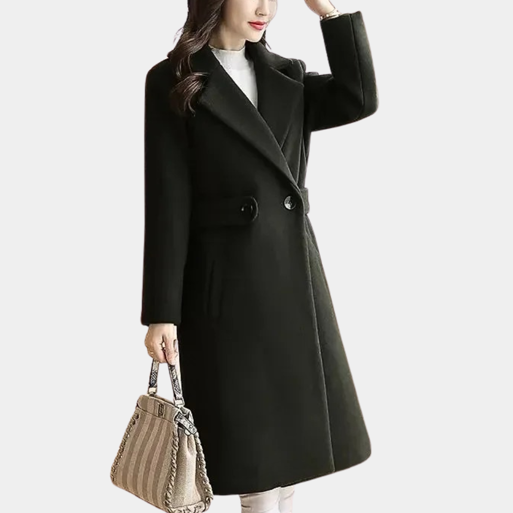 Damen Wintermantel schwarz, eleganter Wollmantel, Knopfverschluss, modisch, warm.