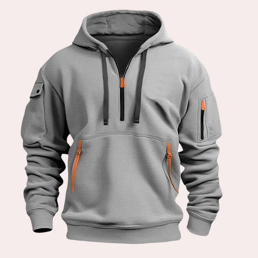 Grauer Hoodie mit Kapuze, Reißverschlüssen und Taschen, sportlich, bequem, Herrenmode.