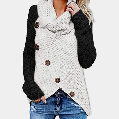 Damen-Strickpullover, schwarz-weiß, Knopfdetails, Rollkragen, lässig, modisch.