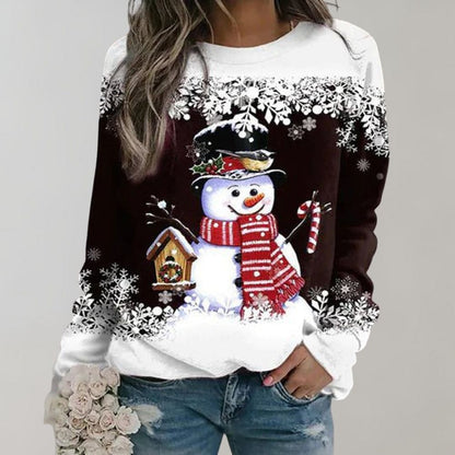 Damenpullover mit Schneemann-Motiv, schwarz-weiß, Wintermode, festlich, Baumwolle.