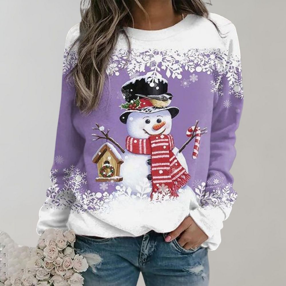Damenpullover mit Schneemann-Motiv, lila, Wintermode, festlich, Baumwolle, lässig.
