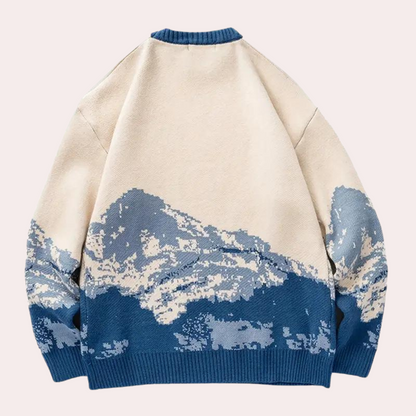Beiger Pullover mit blauem Bergmotiv, Unisex, Baumwolle, Wintermode, Strickwaren, lässig.