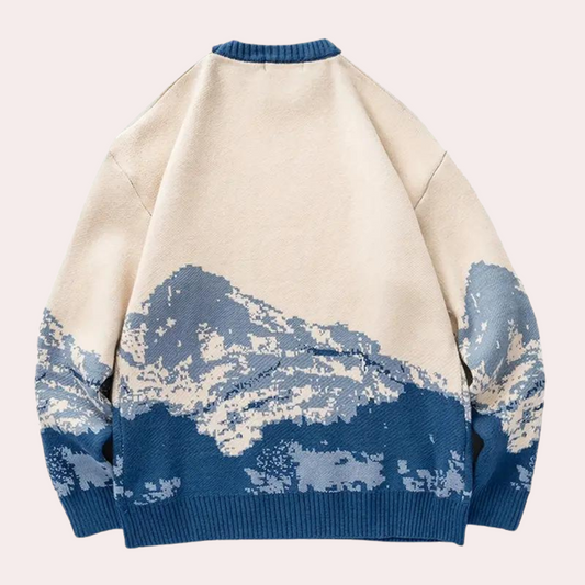 Beiger Pullover mit blauem Bergmotiv, Unisex, Baumwolle, Wintermode, Strickwaren, lässig.