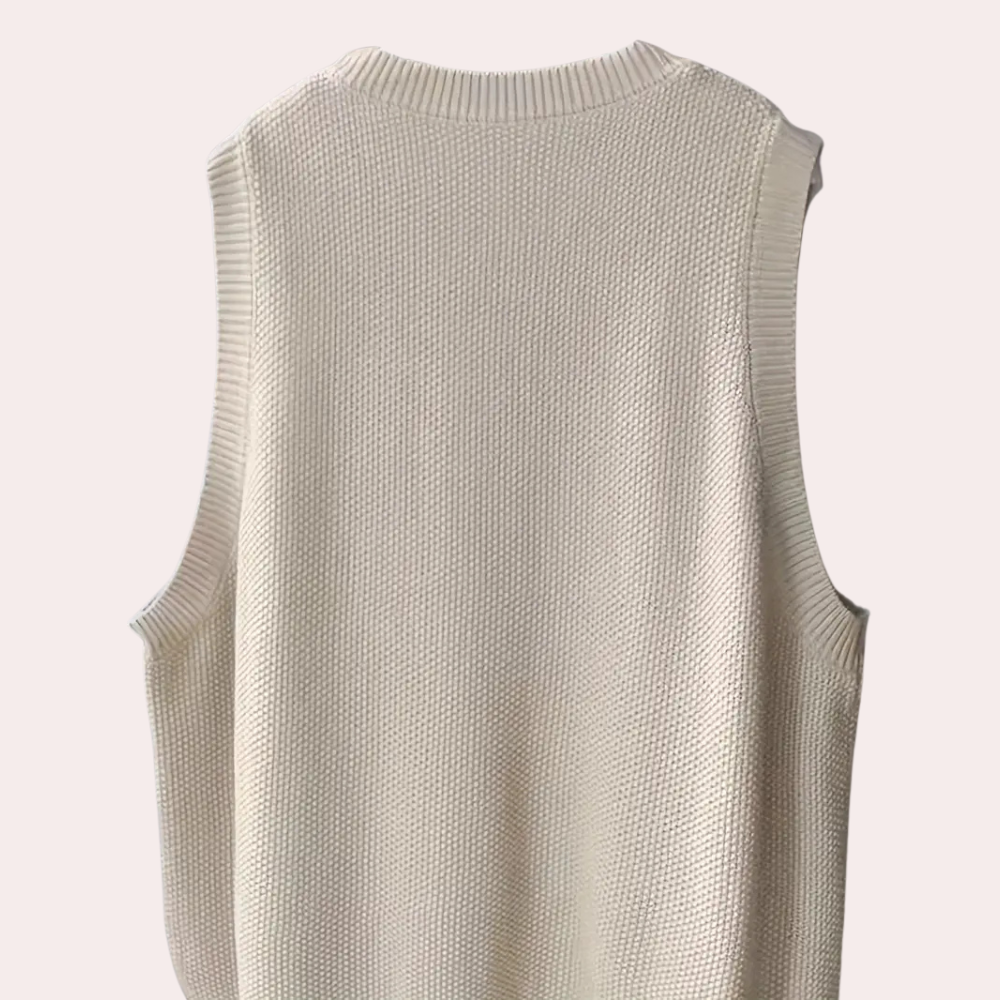 Ärmellose Strickweste Damen, cremeweiß, Baumwolle, Rückansicht, modisch, elegant, Herbstmode.