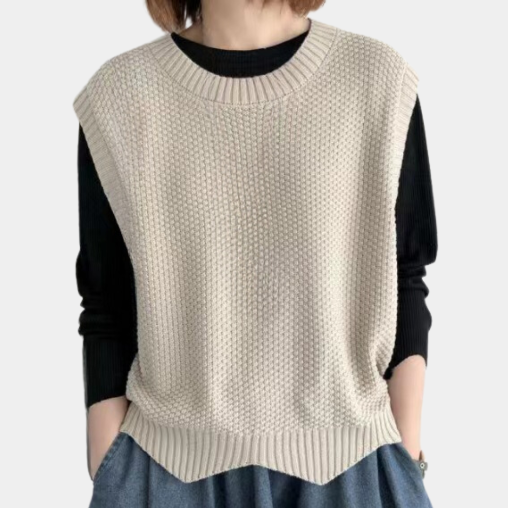 Damen Strickweste beige, ärmellos, Baumwolle, modisch, lässig, Herbstmode, Oberteil.