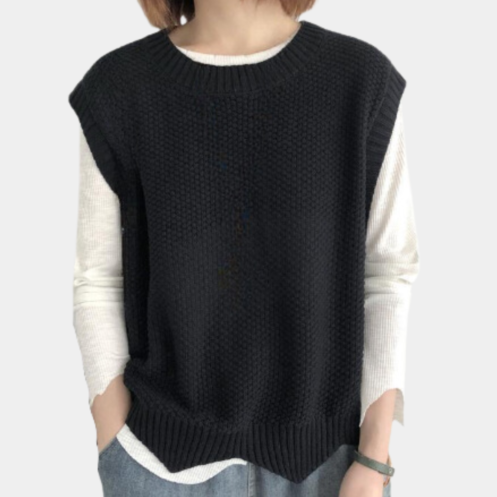 Schwarzer Strickpullover Damen, ärmellos, Baumwolle, lässig, modisch, Herbstmode.