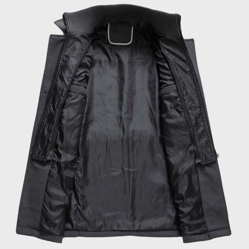 Dunkelgrauer Herrenmantel mit schwarzem Innenfutter, elegantes Design, Wintermode.