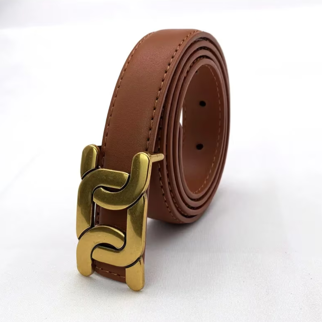 Brauner Ledergürtel mit goldener Schnalle, modisches Accessoire, Unisex, elegant und stilvoll.