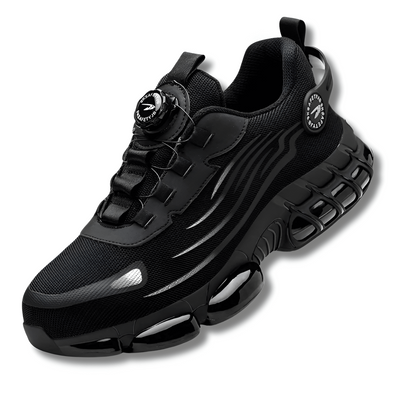 Schwarzer Sneaker mit Luftpolstersohle, sportliches Design, Herrenmode, bequeme Sportschuhe.