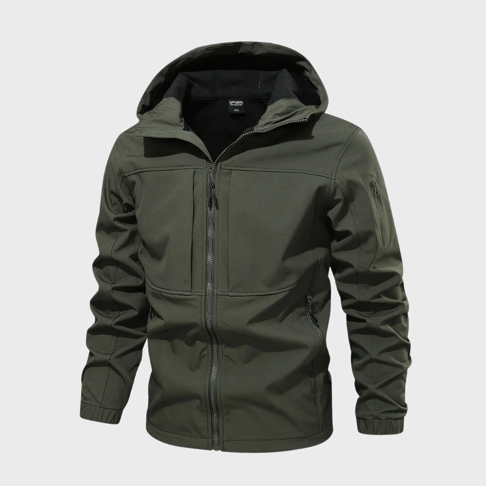 Armeegrüne Herren-Kapuzenjacke, Freizeitstil, Reißverschluss, wetterfest, modisch.