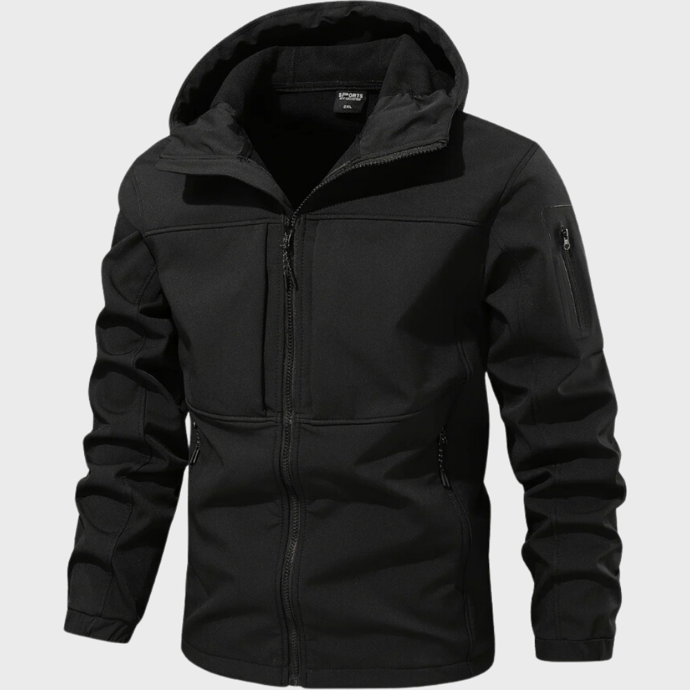 Schwarze Herren-Kapuzenjacke, Reißverschluss, wasserabweisend, Freizeitmode, Outdoor-Bekleidung.