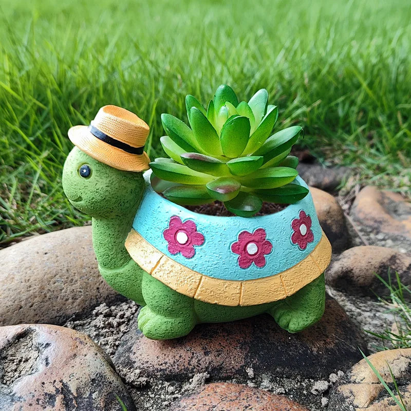 Niedliche Schildkröte Blumentopf, grün, mit Sukkulente, Garten-Dekoration, Cartoon-Stil.