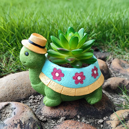 Niedliche Schildkröte Blumentopf, grün, mit Sukkulente, Garten-Dekoration, Cartoon-Stil.