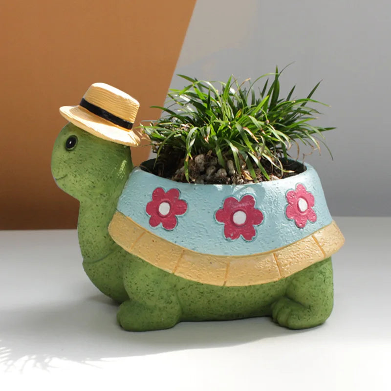 Niedliche Schildkröte Blumentopf, grün, mit Hut, für Zimmerpflanzen, Garten Deko.