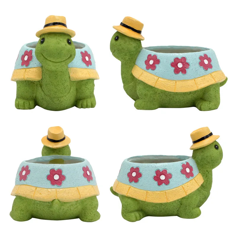 Niedliche Schildkröte Blumentopf, grün, mit Hut, für Garten- und Wohnkultur, Cartoon-Design.