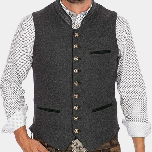 Graue Herrenweste aus Wolle mit Knöpfen, traditionelles Design, Trachtenmode.
